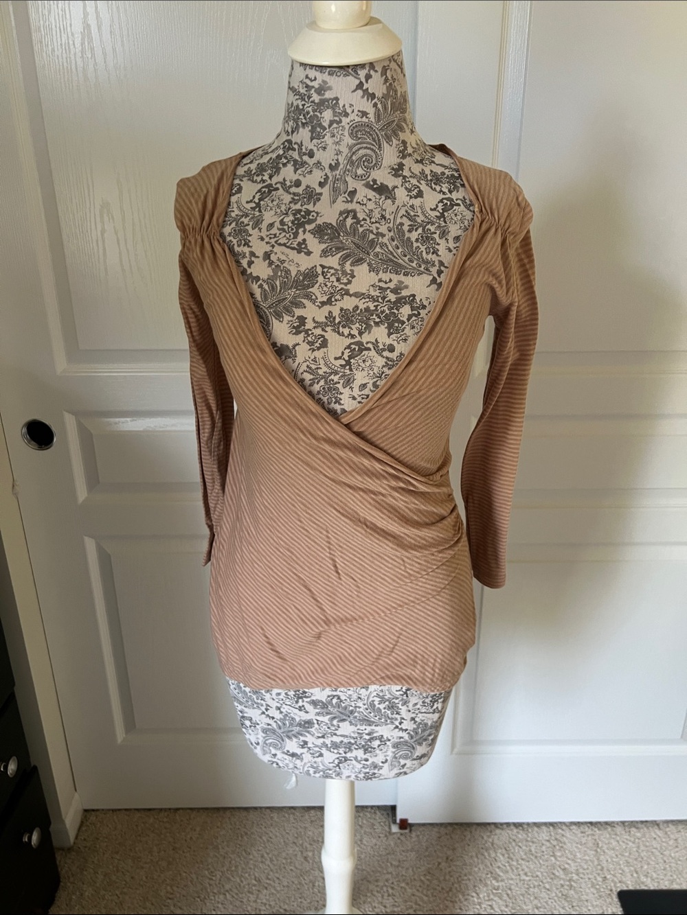 Velvet Taupe Ribbed Wrap Long Sleeve Top